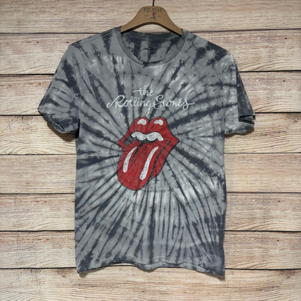 The Rolling Stones‎ Men's M Gray Tie-Dye Logo with Red Tongue